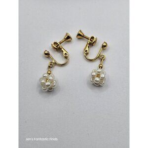 Faux Pearl Cluster Gold Tone Dainty Screw‎ Back Earrings 1.5"